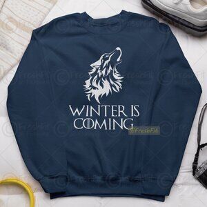 🆕Winter is Coming Wolf Navy Fleece Crew Sweatshirt
